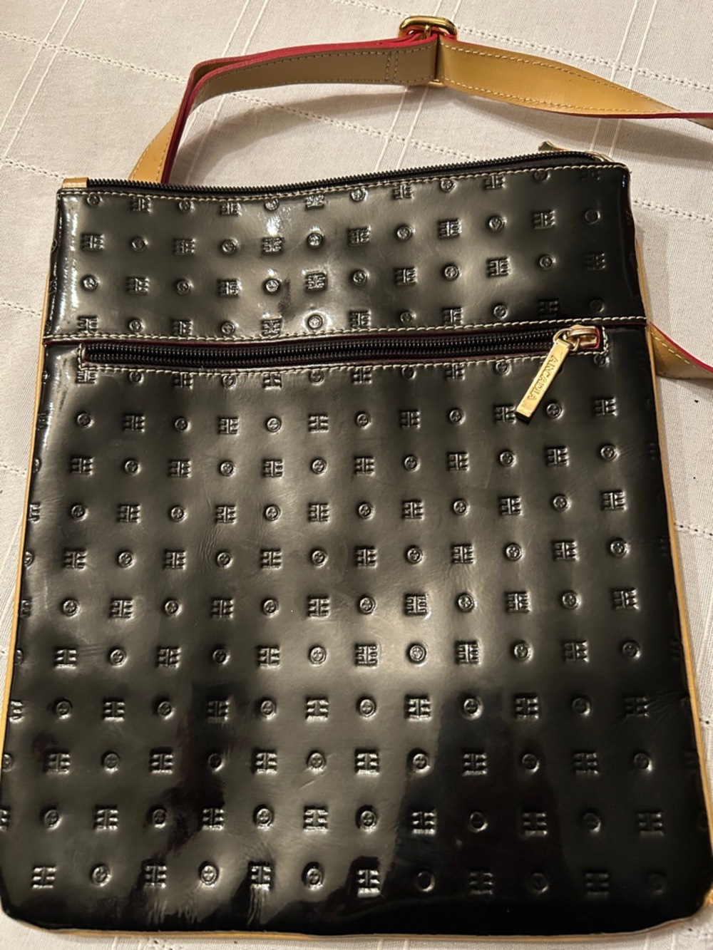 Arcadia Black Patent Crossbody with Tan Strap
